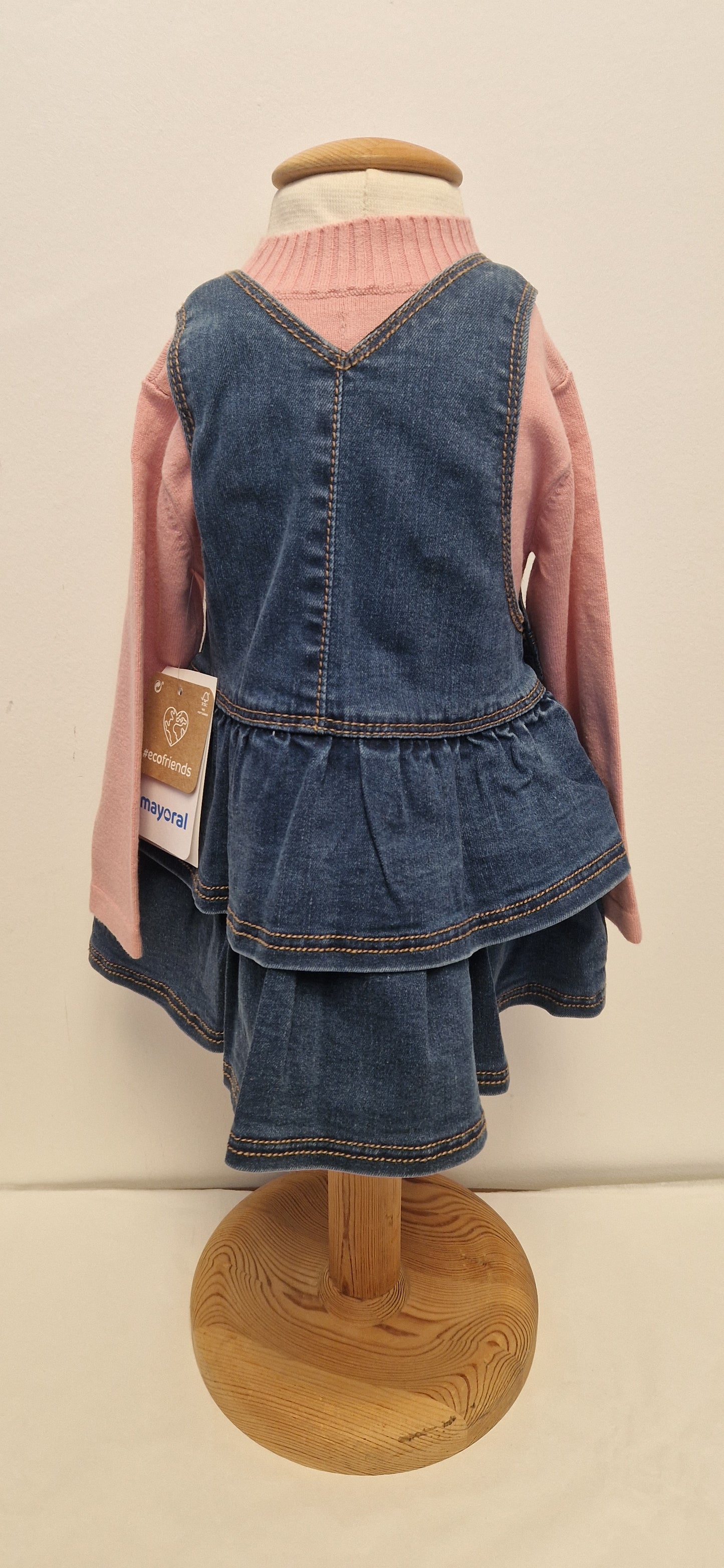 Mayoral Denim Pinafore Dress With Pink Soft Knit Jumper Girls Aged 12 Months