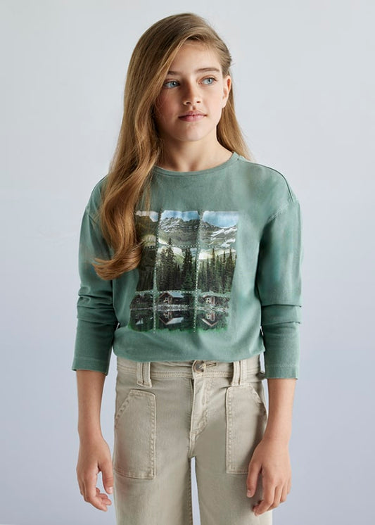 Mayoral Girls Age 8  Long-Sleeved  Relaxed Shoulder Printed Cotton Top 7010-93